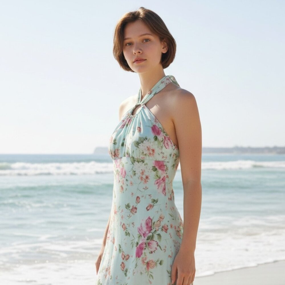 B Moss, Size 4, Dress Turquoise Y2K Fairycore Whimsical Vintage Halter Neckline - Picture 2 of 10